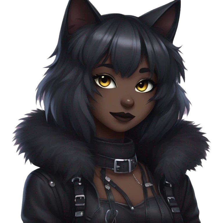 Gorgeous furry gothic dark techwear anime style anthro black cat furry sona with blushing face aesthetic and pretty edgy black with collar and harness trending style emoji