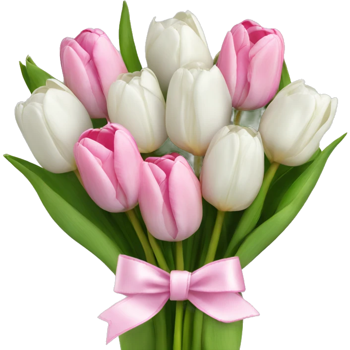 bouquet of white tulips and some pink tulips with a bow around it emoji