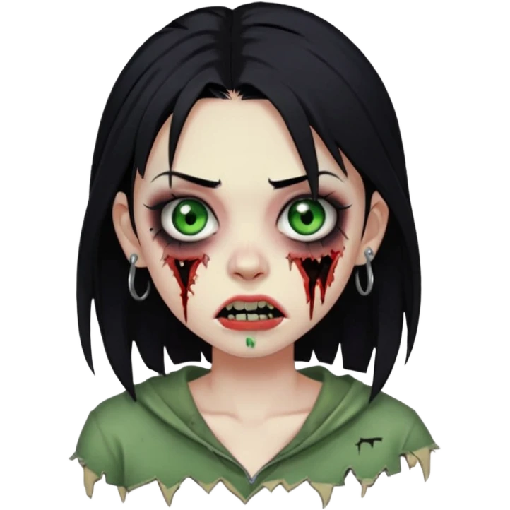 quero que me faça igual a anterior, como um zumbi, porém, a menina deverá ter cabelos pretos e olhos verdes, e um piercing na sobrancelha e um na boca emoji
