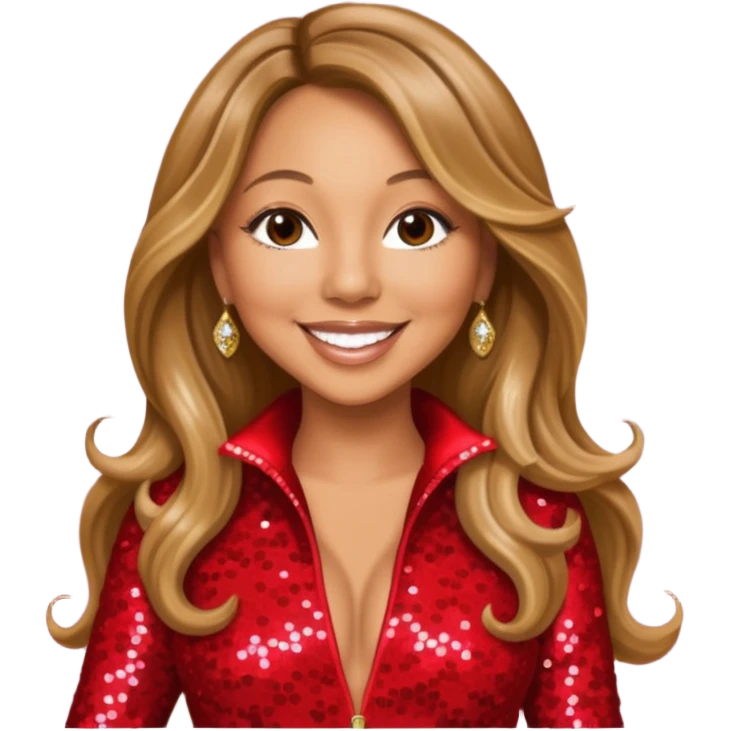 Mariah Carey with long dark blonde hair, red sequin jumpsuit emoji