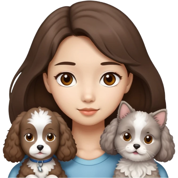 Asian girl brown hair girl with brown eyes with a grey and white ragdoll cat and a brown poodle dog  emoji