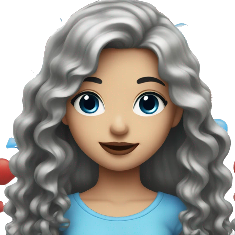 Smiling girl with long black wavy hair and blue eyes with red lips emoji