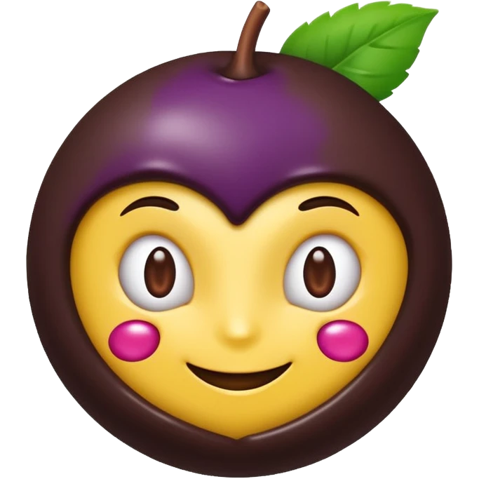 cute emoji-style açaí berry partially dipped in chocolate like a bonbon, deep purple glossy berry, smooth dark chocolate covering bottom half, small green leaf on top, clean glossy playful modern emoji icon style emoji