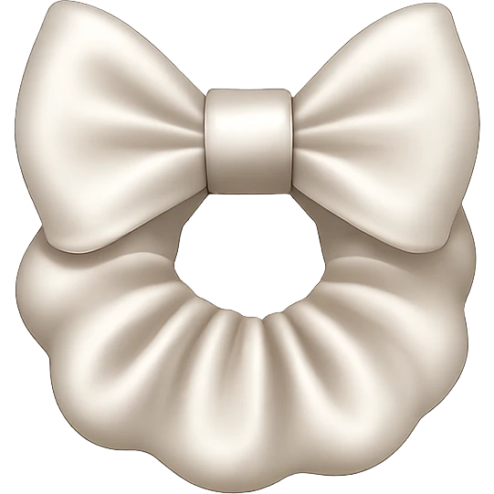 Make the silky white scrunchie with a bow smaller in the style of emoji, keeping the silky texture, white color, and bow detail, with no background. emoji