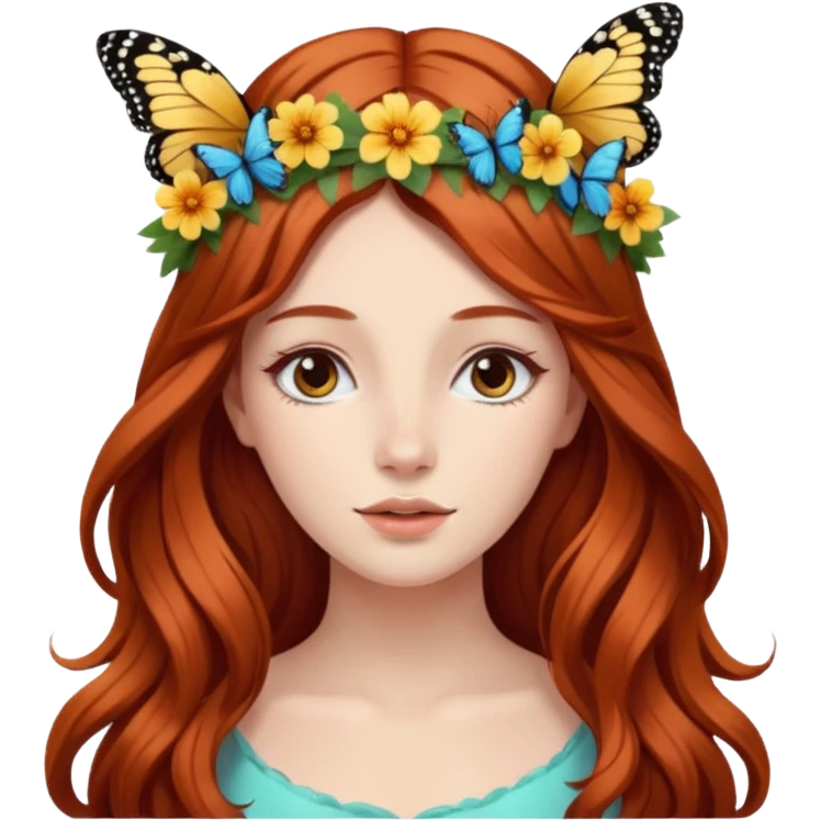 Woman with long flowing auburn hair wearing a flower crown with butterflies in it emoji