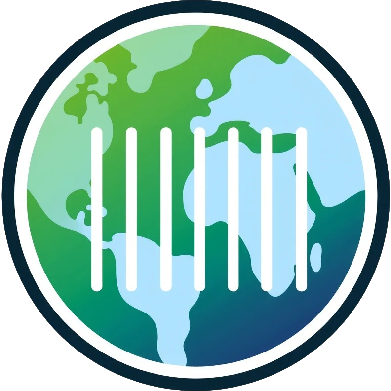Minimalist circular logo with a barcode transitioning into a globe, representing ethical consumerism and sustainable supply chain. Green and blue gradient colors, modern and professional design. emoji