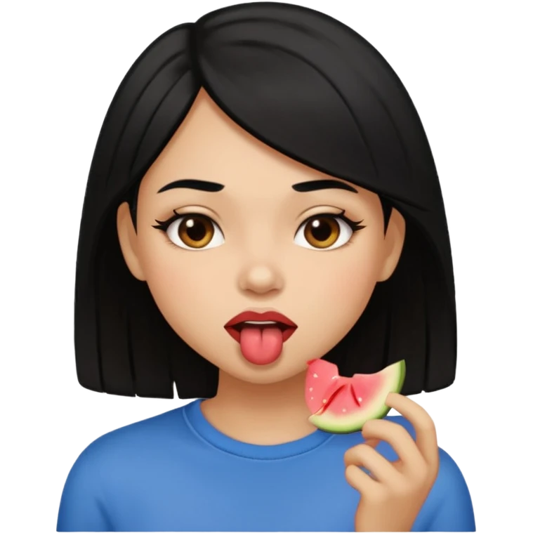 Brown light skin girl straight black hair biting her down lips and blushing emoji