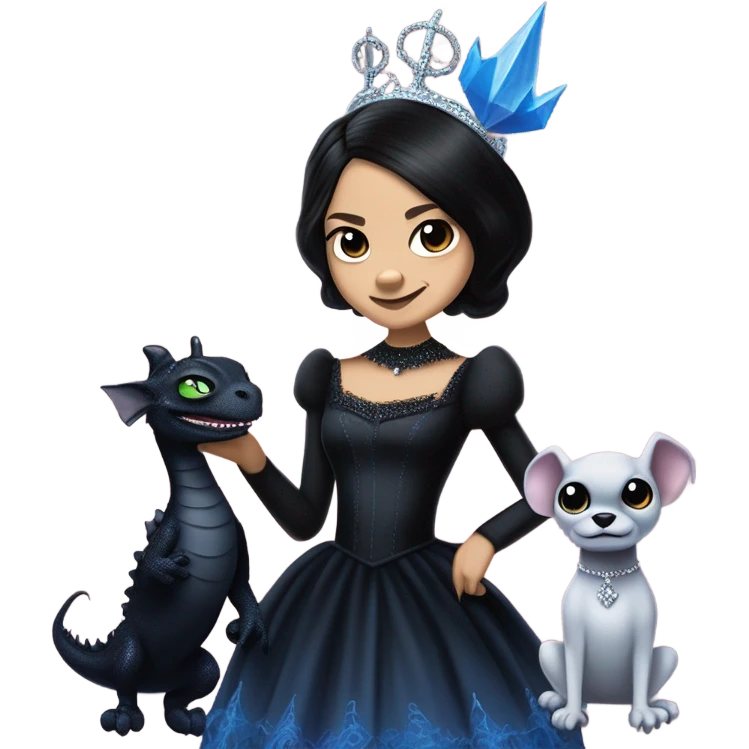 relaxed low-cut slinky black evening ball gown with lace gloves, Jenna Ortega as Wednesday Addams wearing a mini diamond tiara showing off a cute blue horned dragon ventriloquist puppet emoji