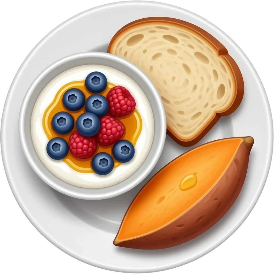 Realistic Plate with greek yogurt bowl topped with blueberries raspberries and maple syrup and sourdough slice topped with a lot of olive oil and a sweet potato on the side HD emoji