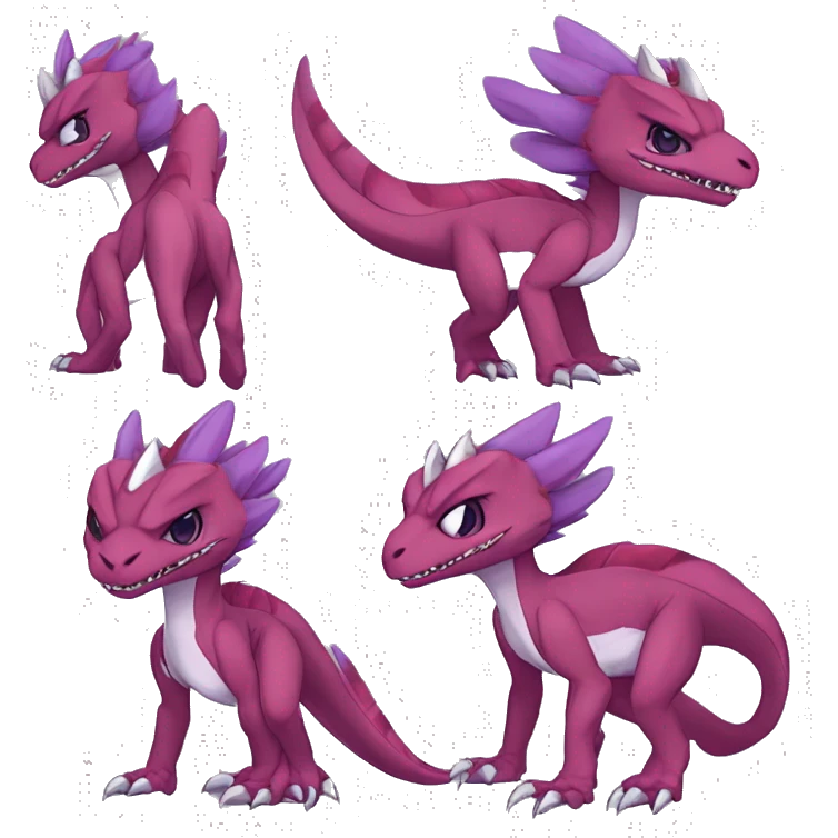 Chibi-Anthro Mauve-maroon-red-violet-colored edgy anthro-genesect-velociraptor-scalie-sona-Fakémon-hybrid with a mane on head and back and horns full body emoji