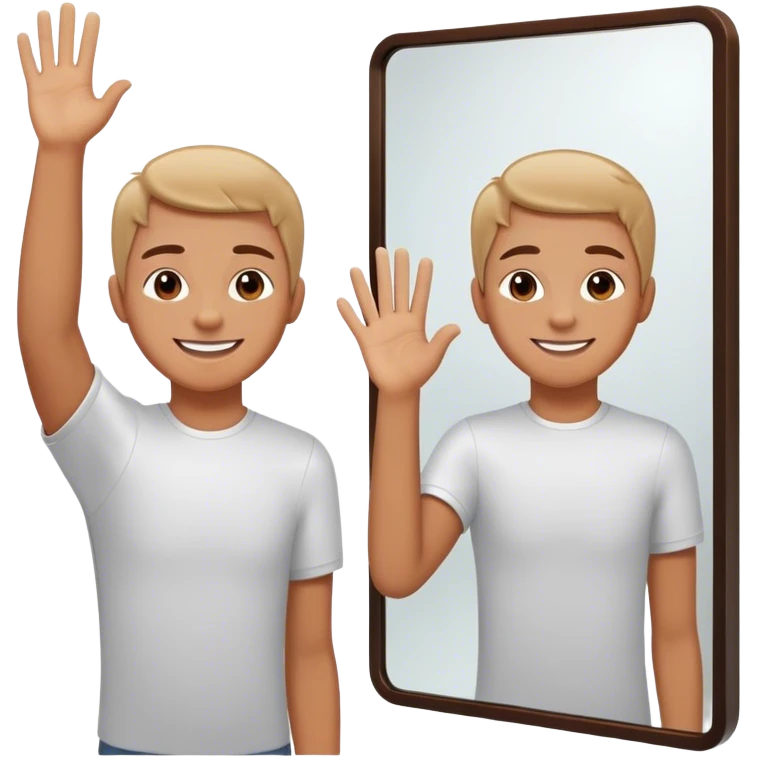 A person standing in front of a mirror, smiling slightly as they raise their hand for a self high-five. Their reflection looks back, showing a small but noticeable shift—from hesitation to self-acceptance. emoji