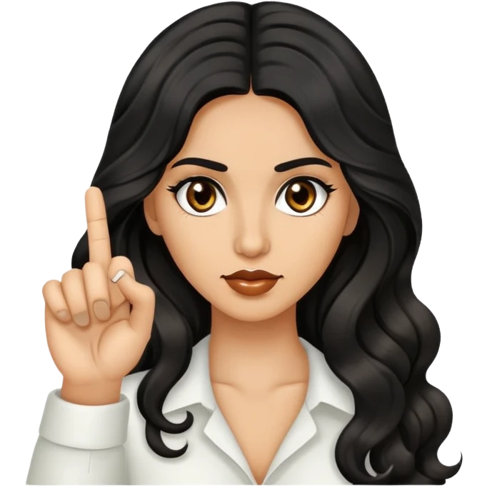 woman with olive skin, brown eyes and long lashes, and long black wavy hair showing her middle finger emoji