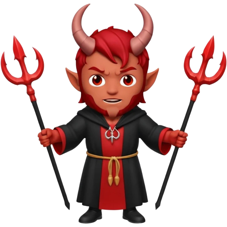 Full body 3D Memoji male devil in a dark robe, holding a trident symmetrically with both hands centrally. Red skin, horns, solid background. emoji