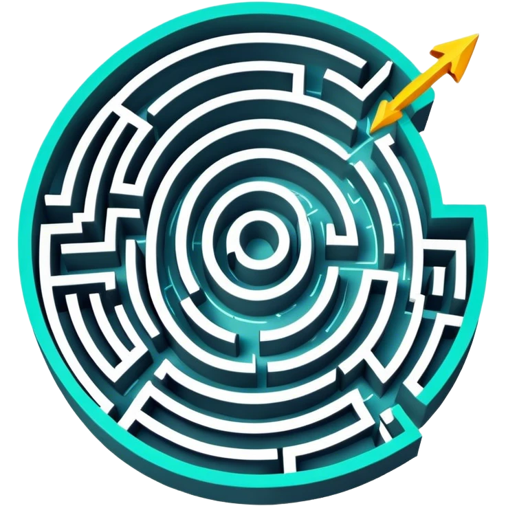 An icon showing an aerial view of a maze, with winding paths and dead ends, symbolizing indoor and city-based escape rooms. A glowing arrow points the way forward, representing the challenge of solving puzzles and finding the exit. .transparent background. emoji