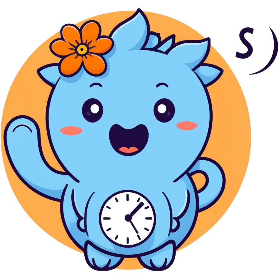 pastel blue hyacinth flower with alarmed eyes and a screaming mouth, waving a tiny alarm clock, fluffy and round emoji