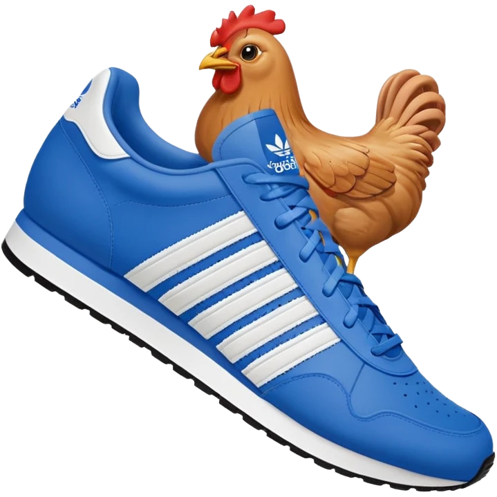 blue adidas sneaker with elements of a face and chicken legs, emoji style emoji