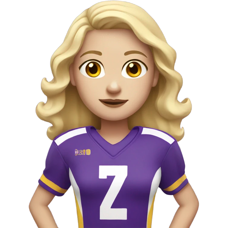Pale Girl with blonde hair. She is wearing a purple and yellow football jersey emoji