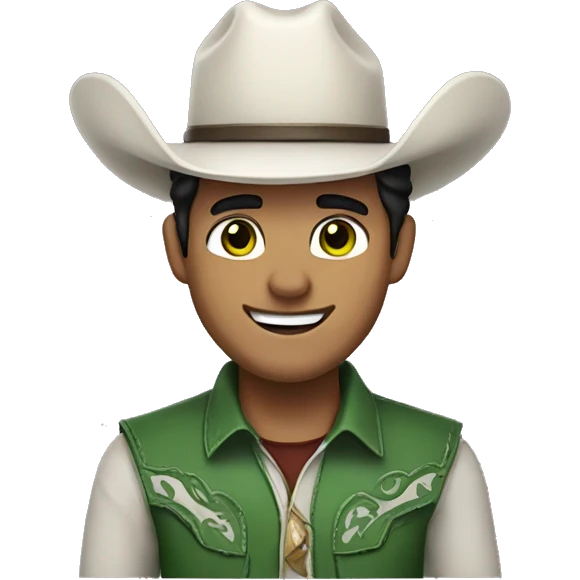 cowboy with black hair and green eyes, white fur and smile and col clth emoji
