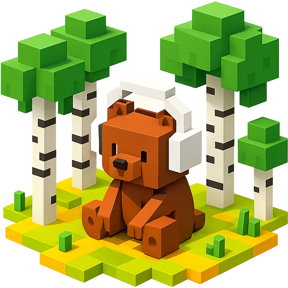 березовый лес, в котором сидит бурый медвежонок в белых наушниках (наушники должны закрывать уши медведя), no background  emoji