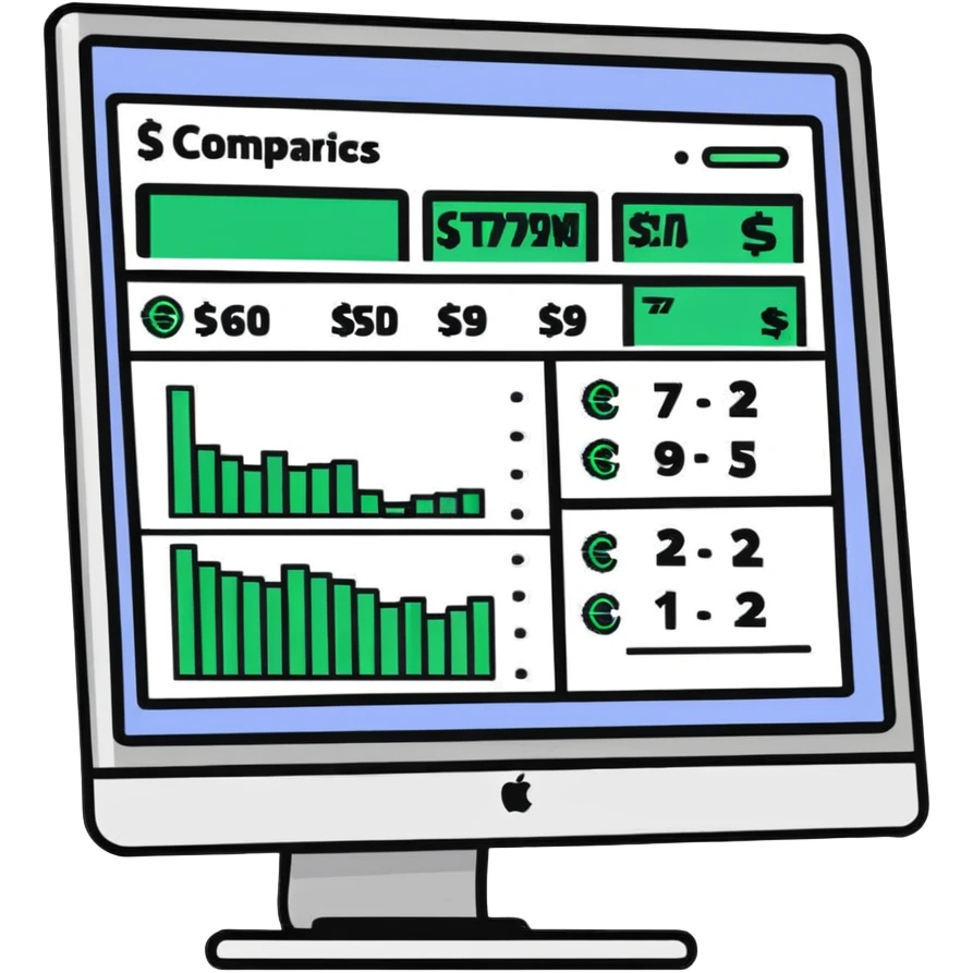 computer screen with price comparison dashboard showing multiple currencies € $ £ ¥ emoji