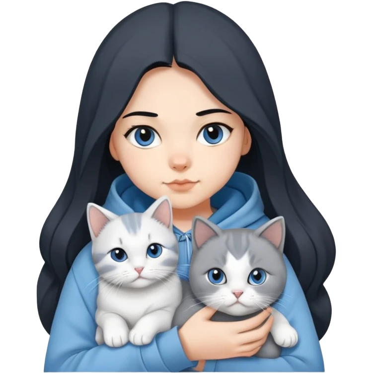 Girl with black hair wearing gray hoodie with a British shorthair blue and white cat and a long-haired blue and white cat emoji