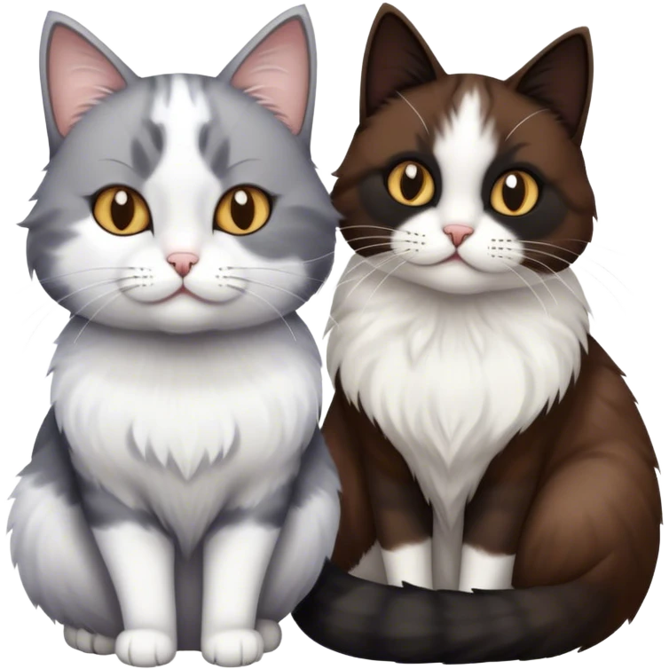 Grey and white cat next to a brown, black, and white fluffy cat  emoji