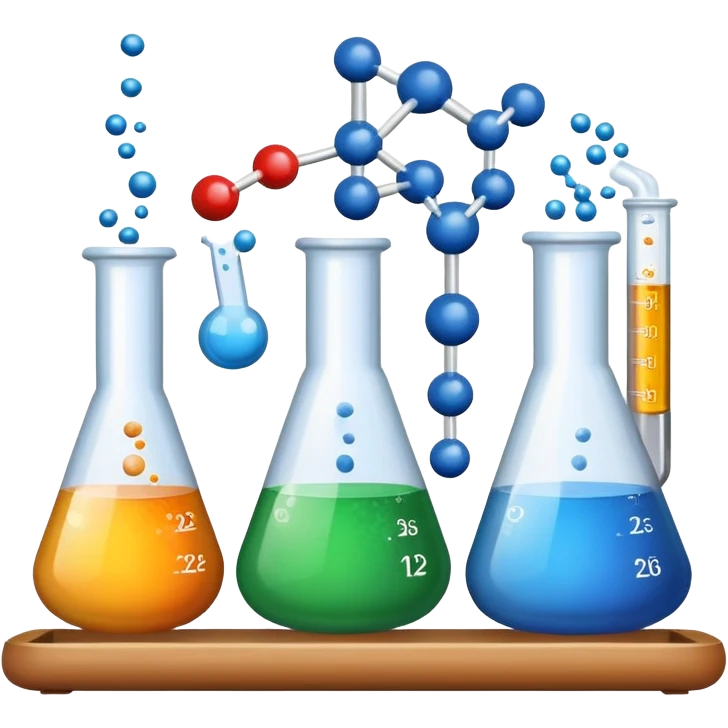 An icon featuring chemical powders, a test tube, and molecular structures, symbolizing chemistry. The design includes chemical formulas, beakers, and a periodic table, representing chemical reactions and experimentation. Transparent background emoji