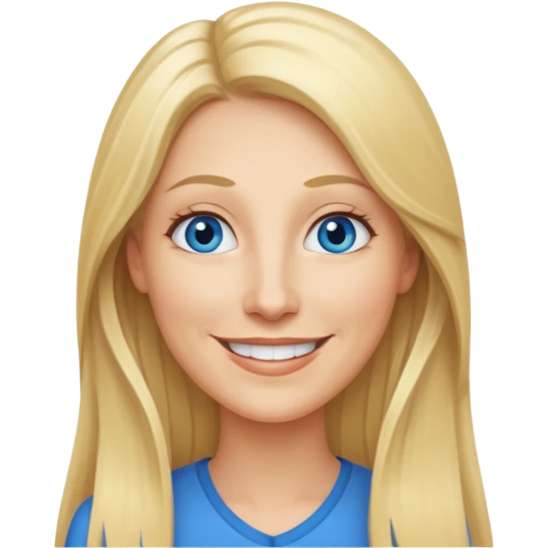 a 40 year old teacher with really long blonde hair and blue eyes long face smaller eyes smiling happy emoji