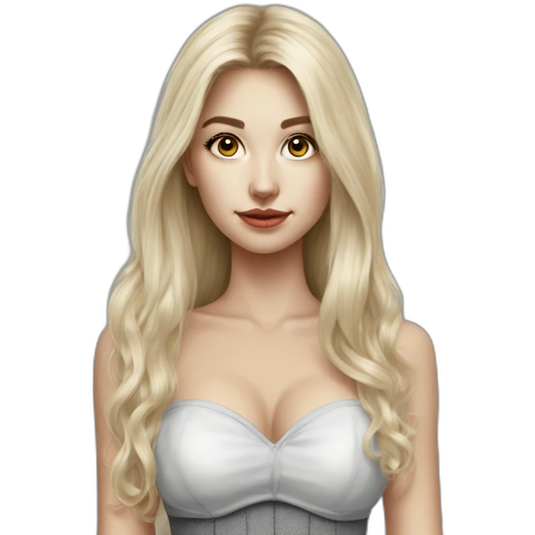 caucasian straight long haired blonde, white bustier, tight grey mini skirt, hyperrealist drawing emoji