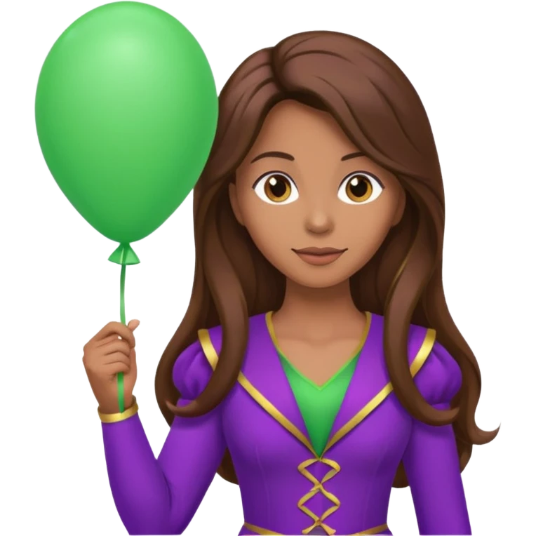 woman with long brown hair and purple costumes, holding green balloon emoji