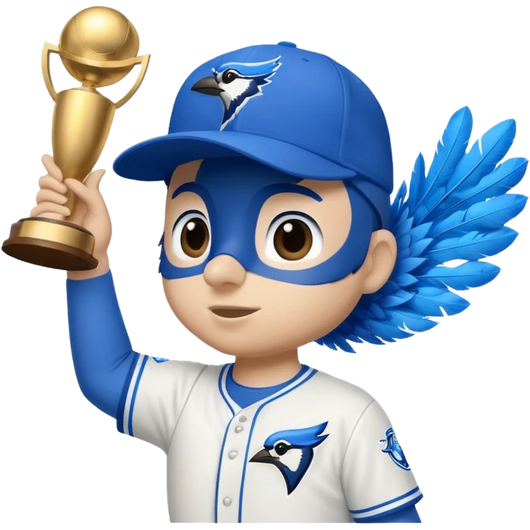 blue jay wearing bluejays MLB baseball cap, holding trophy 🏆 over his head emoji
