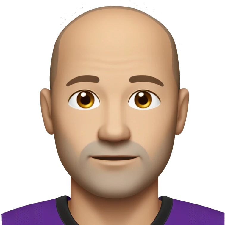 45-year-old man with a slightly round face, very short, almost shaved hair with a small central crest and a slightly receding hairline. He has brown eyes, subtle stubble, and wears a black and purple soccer jersey. emoji