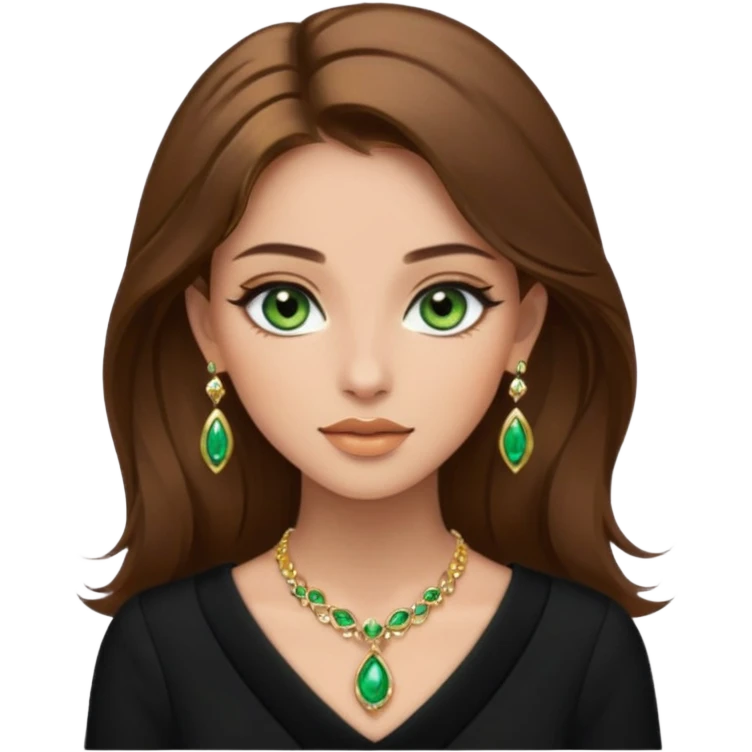 Μια κοπέλα καστανή με μαύρα ωραία ρουχα και σκουλαρίκια και κοσμήματα και βαμμένη ελαφρό και πράσινα μάτια τα κοσμήματα λίγα και χρυσα τα κοσμήματα να είναι λίγα και λεπτα και βαμμενοι emoji