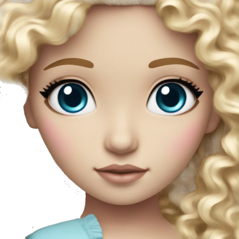 ocean blue doll eyes, blonde curly hair, feminine, pink, girl, angelic emoji