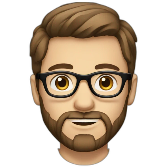 handsome guy with straight long brown hair and blue eyes and transparent glasses and with beard and wears black tshirt emoji
