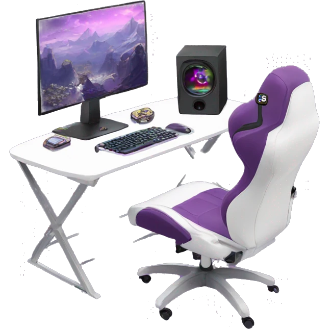 gaming setup, girl, white purple chair,white desk,  emoji