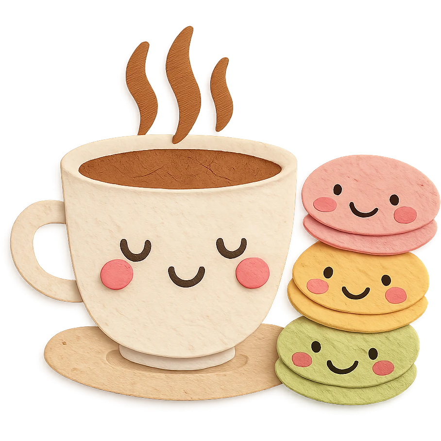 coffee cup with three macarons, all with blushing cheeks, soft pastel colors, hand-drawn style emoji