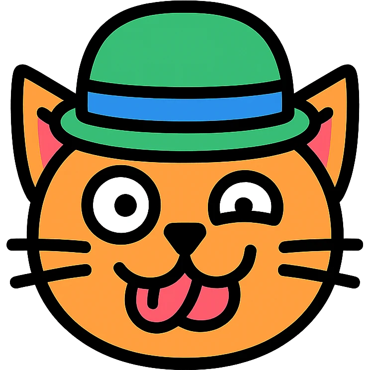 A cat wearing a hat with a very funny face emoji