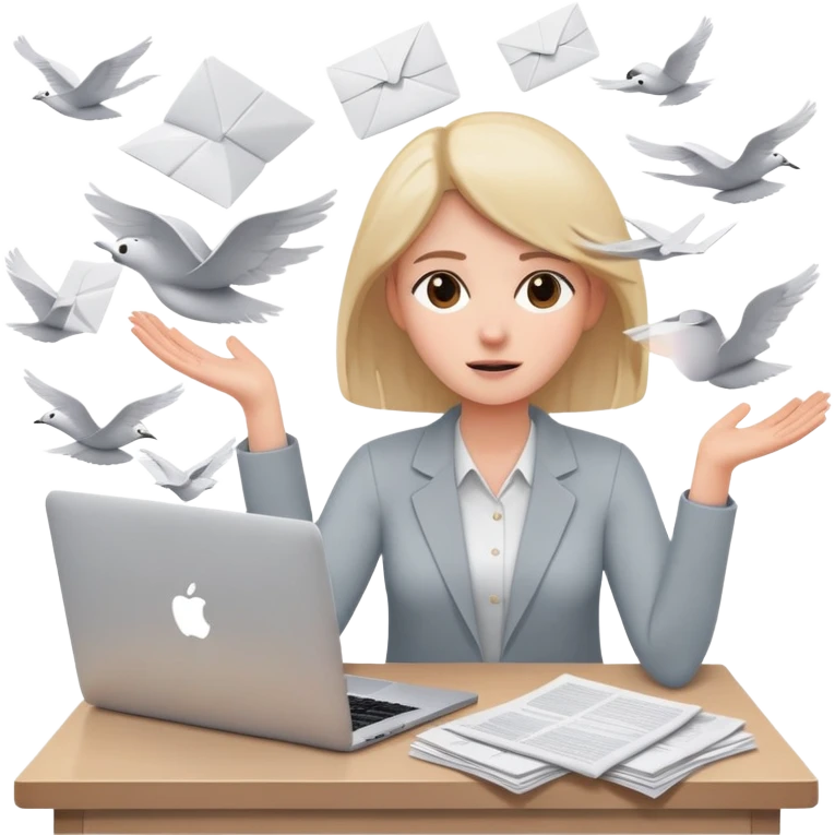 tired woman sitting at a desk with a MacBook, holding her arms out to the side, surrounded by lots of flying papers emoji