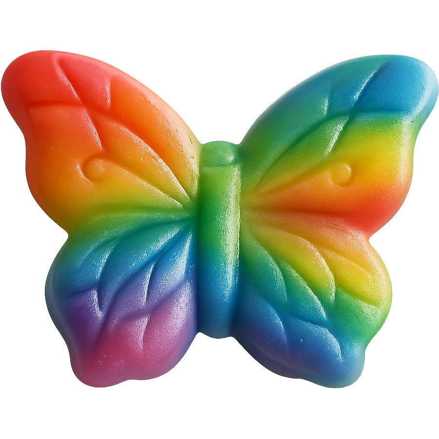 Make the realistic butterfly-shaped candy rainbow-colored, isolated on a transparent background with no visible background. Maintain a realistic style with vivid rainbow colors on the candy wings. emoji