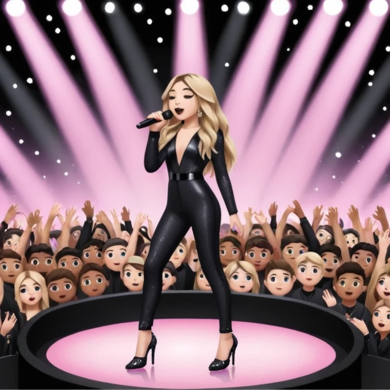 Sabrina carpenter singing at concert wearing a black sparkle jumpsuit and black hyper sparkle heels. There is a huge crowd and light pink stage setting  emoji