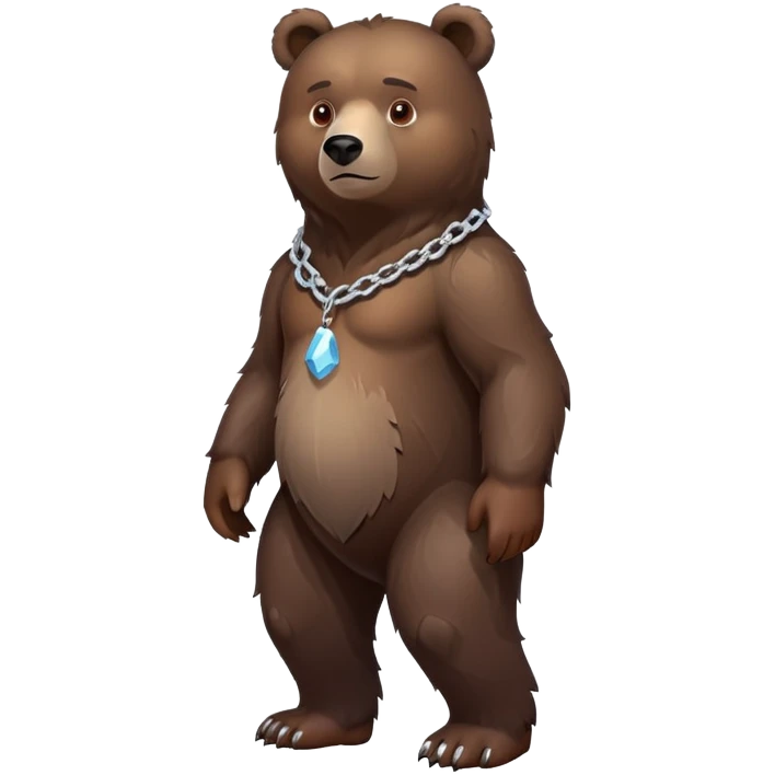 Dark brown bear in a slight walking pose, full body view on all four legs, realistic fur detail, serious expression, ice chain around neck emoji