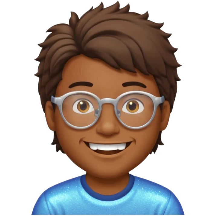 Brown guy with glasses with a whiffed front and puffed mullet, smiling with his teeth together and a sparkle from his teeth emoji