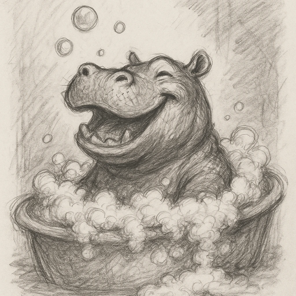 happy hippo with bubbles in bathtub emoji