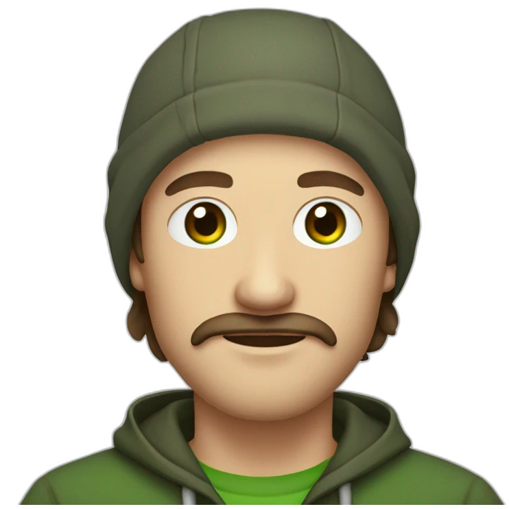 it nerd in hoodie with fisherman beanie and mustache and beard brown hair and green eye emoji