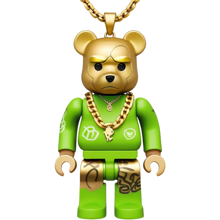 classic bearbrick figure with lime green mask covered in chaotic brand logos, wearing several large gold chains, gold pendant, rapper style accessories, expressive eyebrows emoji