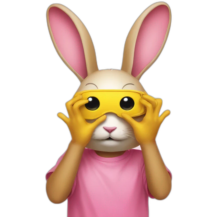 rabbit pink hands over eyes, wears teeshirt yellow emoji