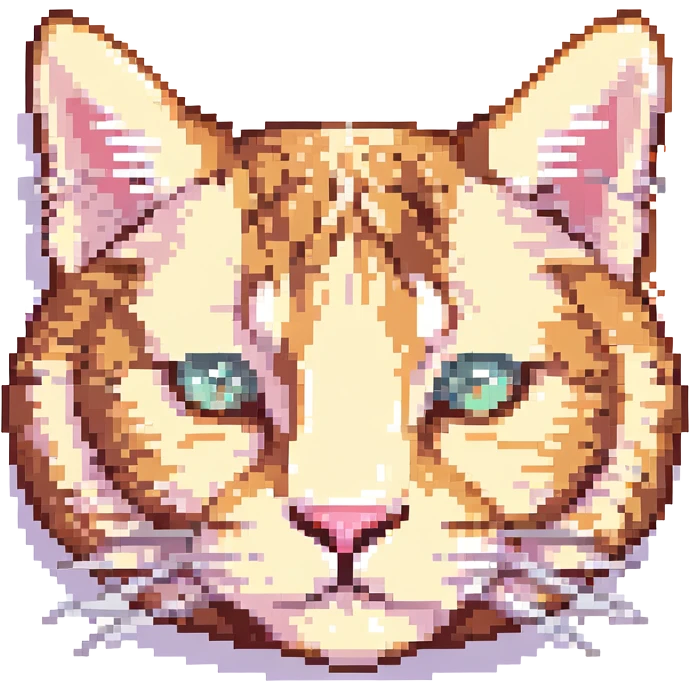 8-bit pixel art of a cute tabby cat face, orange and cream fur, large eyes, pink nose, subtle smile, front view emoji