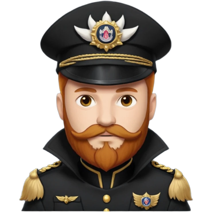 An auburn-hair'ed admiral with a flawless bear and mustache wearing a black admiral outfit and hat with Wolf Ears coming out of the hat, and 9 tails behind him, with the admiral black shirt featuring on the left breast pocket the insignia of Helldivers 2 emoji