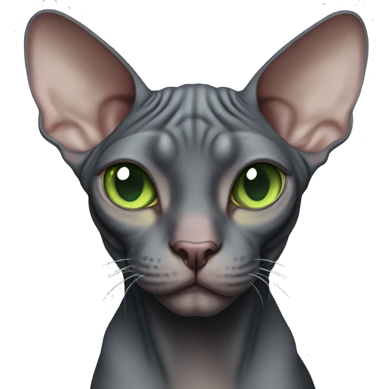 Dark gray sphynx cat with green eyes low squinting  emoji